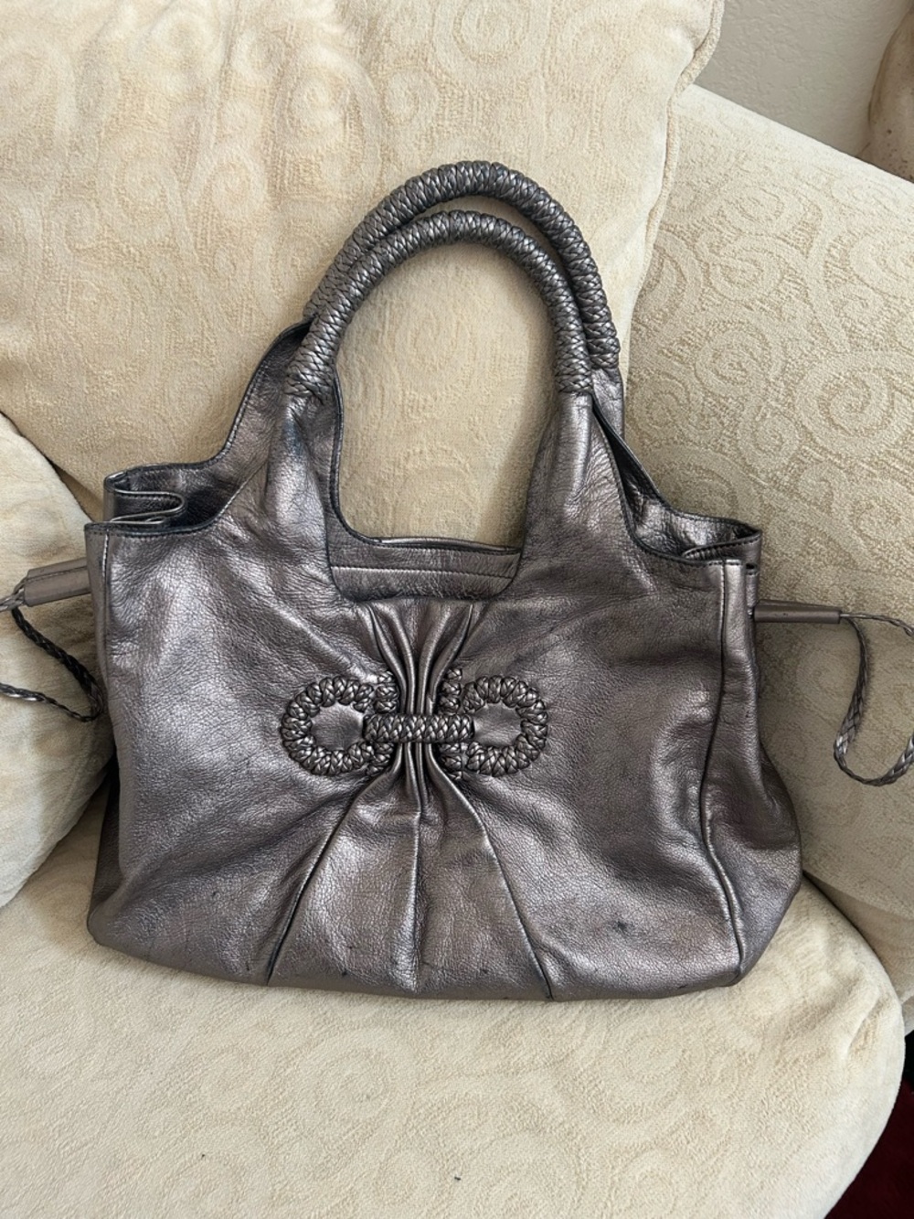 Salvatore Ferragamo Metallic Charcoal Braided-Handle Tote